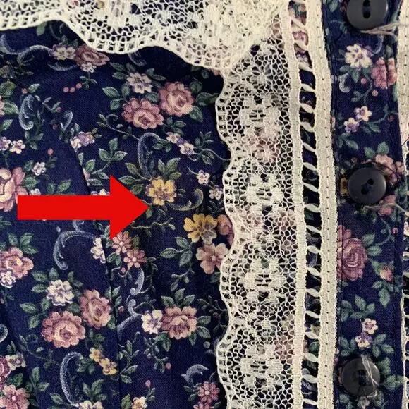 Gunne Sax S Vintage Lace Floral Print Short Sleeve Gunnie Dress Dark Blue *flaw - Picture 8 of 8